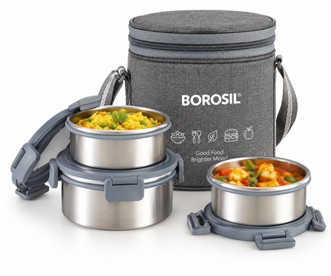 Borosil Slate Insulated Stainless Steel Lunch Box Set of 3 – 280 ML × 2 + 460 ML