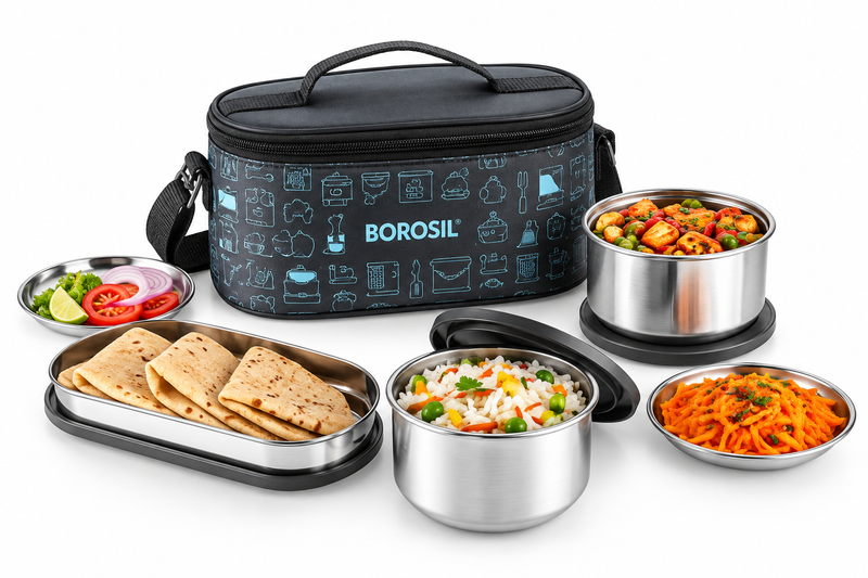 Borosil CarryFresh Insulated Stainless Steel Lunch Box Set of 3 – 280 ML × 2 + 475 ML