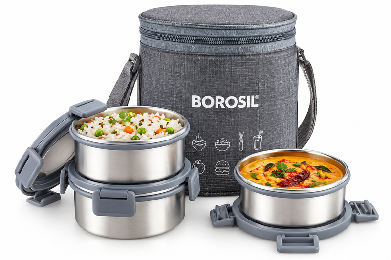 Borosil Slate Insulated Stainless Steel Lunch Box Set of 3 – 280 ML Each