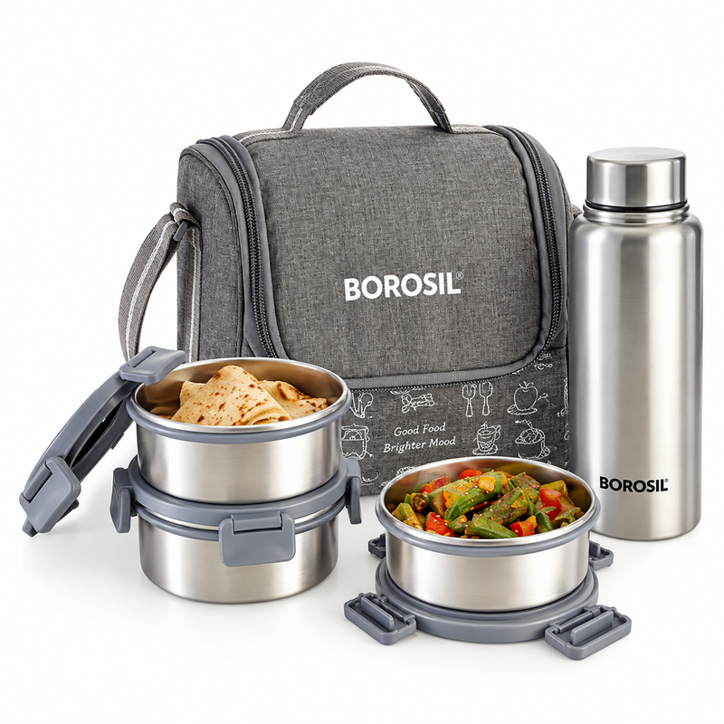 Borosil Slate Insulated Stainless Steel Lunch Box Set of 4 – 3 × 280 ML + 600 ML Bottle