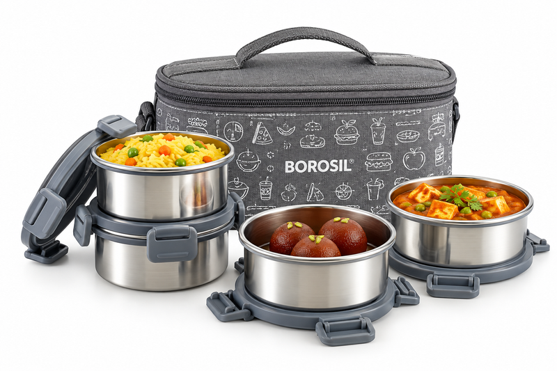 Borosil Slate Insulated Stainless Steel Lunch Box Set of 4 – 280 ML Each