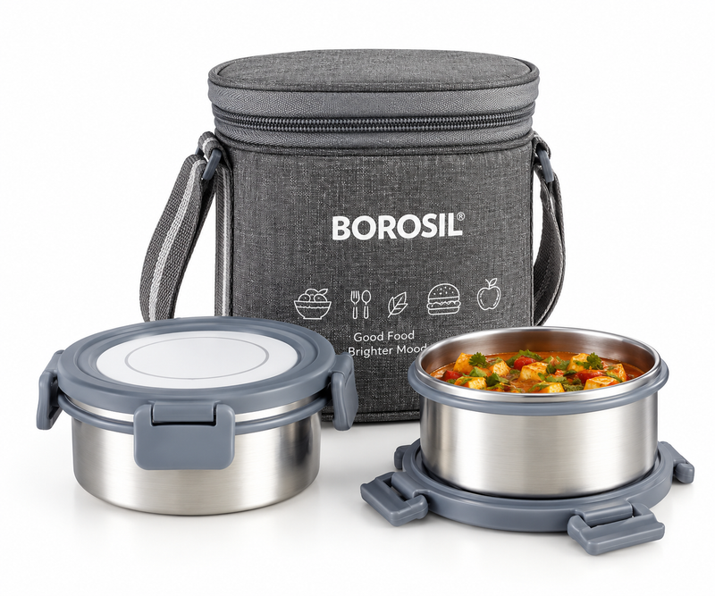 Borosil Slate Insulated Stainless Steel Lunch Box Set of 2 – 280 ML Each, Vertical