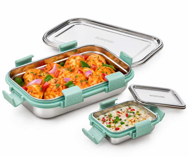 CarryFresh Slim Lunch Box Set Green 825ml | Stainless Steel 700ml + 125ml Containers with Secure Locking Lids