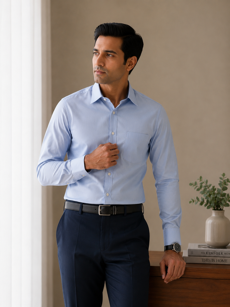 Arvind Satin Men's Light Blue Formal Shirt | Premium Luxury Satin Finish | Full Sleeve Office Wear