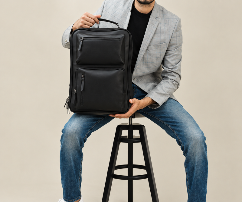 FLAMINGO 14 Inch Laptop Backpack – Premium Faux Leather Laptop Backpack with Double Compartments, Front Zipper Pockets & Trolley Strap