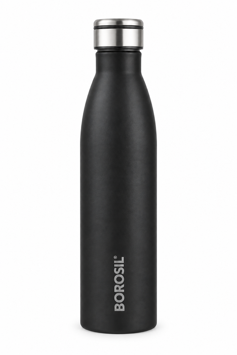 Borosil Fresh Single Wall Stainless Steel Water Bottle – Black, 900 ML