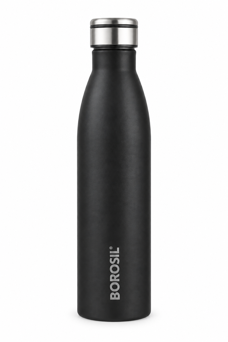 Borosil Fresh Single Wall Stainless Steel Water Bottle – Black, 900 ML