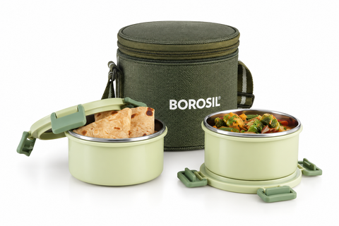 Borosil Glory Green Stainless Steel Lunch Box Set of 2 – 280 ML Each, Vertical