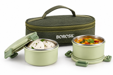 Borosil Glory Green Stainless Steel Lunch Box Set of 2 – 280 ML Each, Horizontal