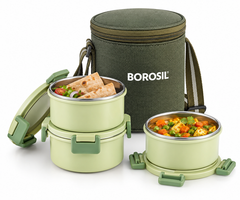 Borosil Glory Green Stainless Steel Lunch Box Set of 3 – 280 ML Each