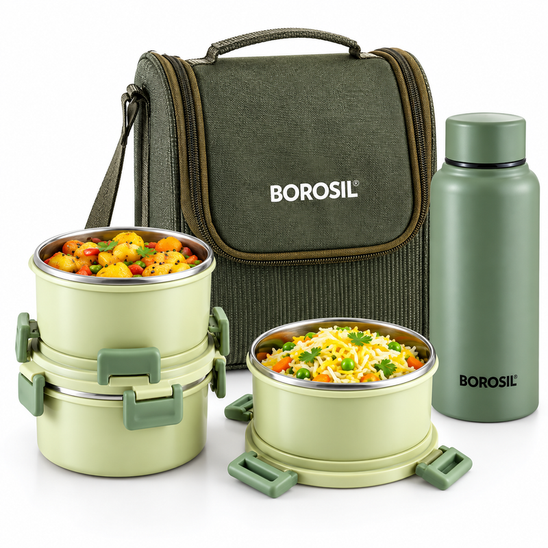 Glory Green Stainless Steel Lunch Box Set of 4 with Insulated Bag & 600ml Bottle | Premium Office, School & Travel Tiffin Set