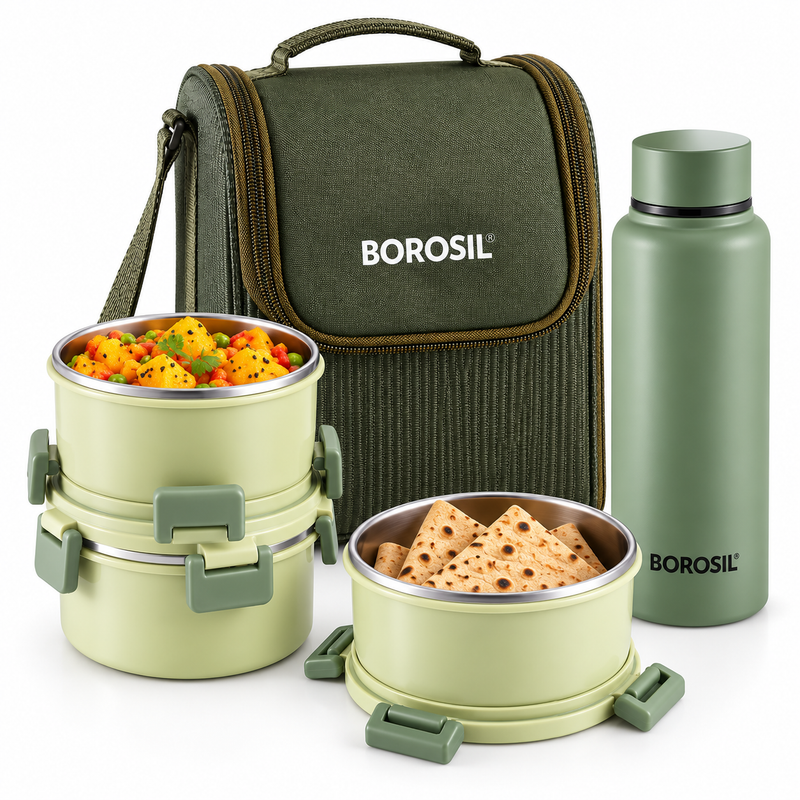 Glory Green Stainless Steel Lunch Box Set of 4 with Insulated Bag & 600ml Bottle | Premium Office, School & Travel Tiffin Set