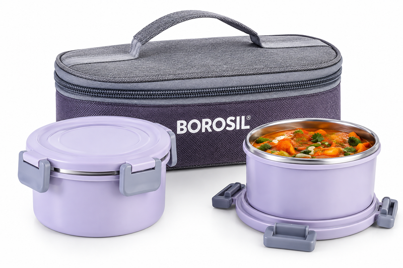 Glory Lavender Stainless Steel Lunch Box Set of 2 Horizontal with Insulated Carry Bag | 280ml Office & Travel Tiffin Set