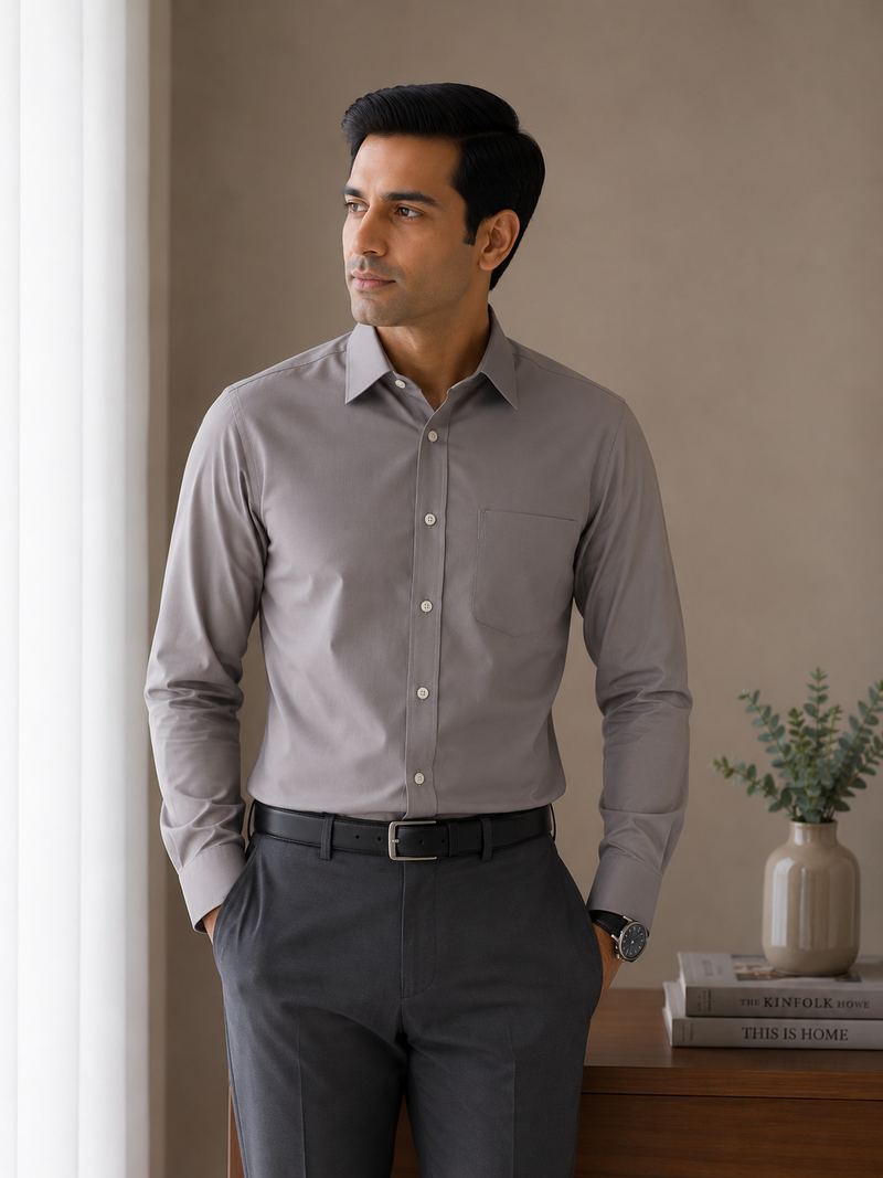 Arvind Easy Care Men's Grey Formal Shirt | Premium Wrinkle-Resistant Office Wear | Full Sleeve