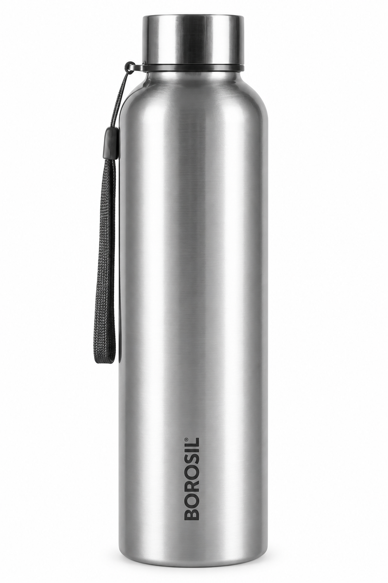 Borosil Laguna Single Wall Stainless Steel Water Bottle – SS, Red, Green & Grey, 1 L