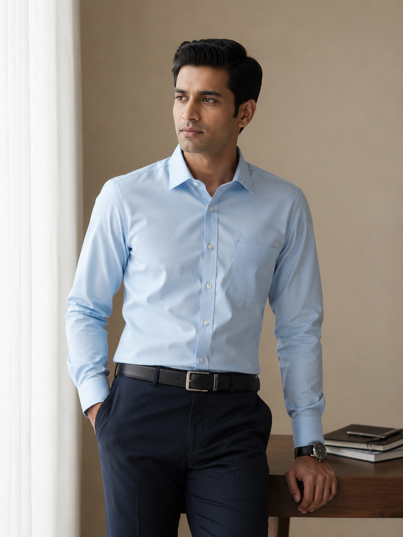 Arvind Satin Men's Sky Blue Formal Shirt | Premium Luxury Satin Finish | Full Sleeve Office Wear