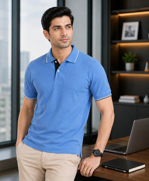 Premium Light Blue Polo T-Shirt with White Tipping | Cotton Polo Collar T-Shirt | Corporate & Casual Wear