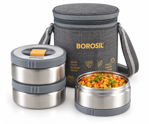 Borosil Mealmate Stainless Steel Lunch Box Set of 3 – 370 ML Each