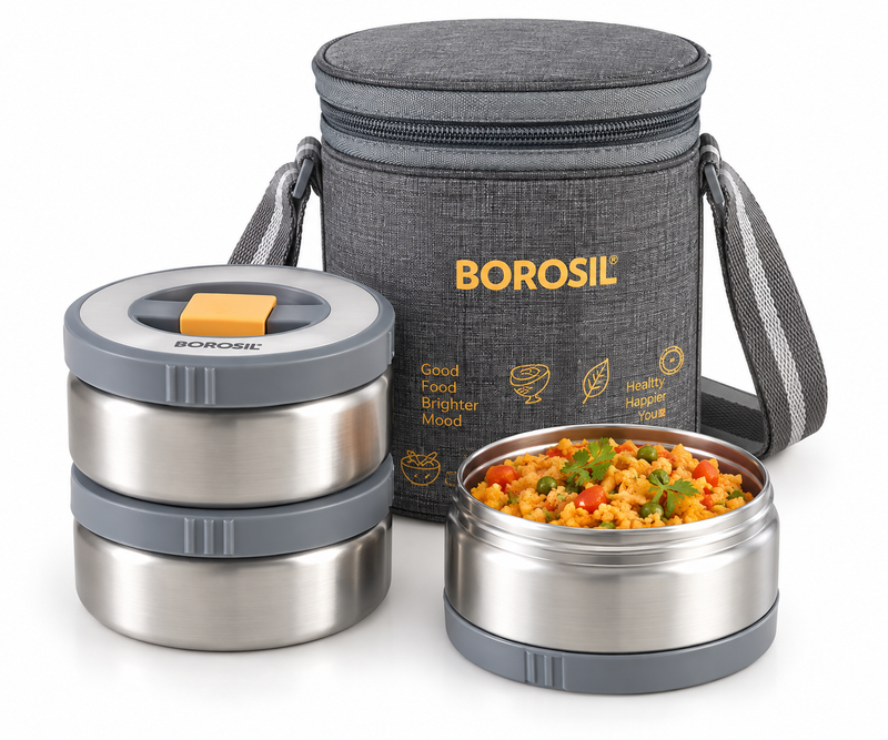 Borosil Mealmate Stainless Steel Lunch Box Set of 3 – 370 ML Each
