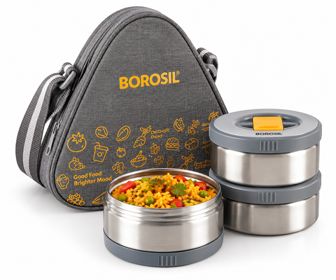 Borosil Mealmate Stainless Steel Lunch Box Set of 3 – 370 ML Each, Triangle Bag