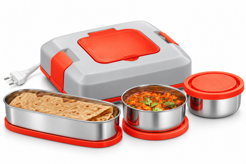 Milton Flatron Electric Lunch Box 3 Container, 15-Minute Food Heating, Stainless Steel Tiffin with LED Indicator, Shockproof & Portable Food Warmer