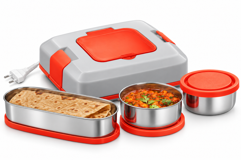 Milton Flatron Electric Lunch Box 3 Container, 15-Minute Food Heating, Stainless Steel Tiffin with LED Indicator, Shockproof & Portable Food Warmer