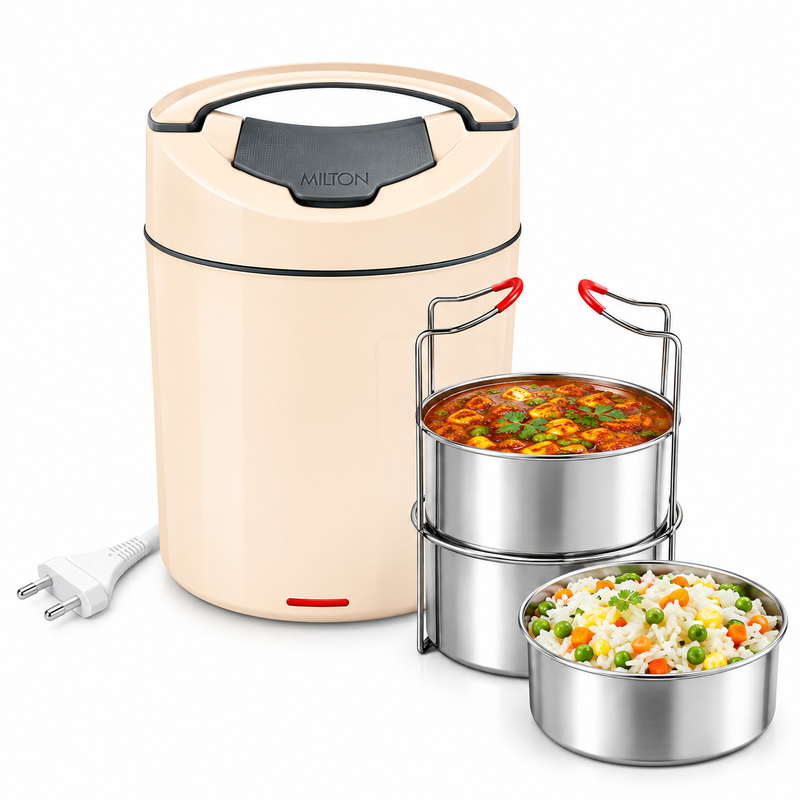 Milton Megatron 3 & 4 Electric Lunch Box | Portable Food Warmer with Stainless Steel Containers, Plug N Heat, Auto Cut-Off & Shock-Proof Design