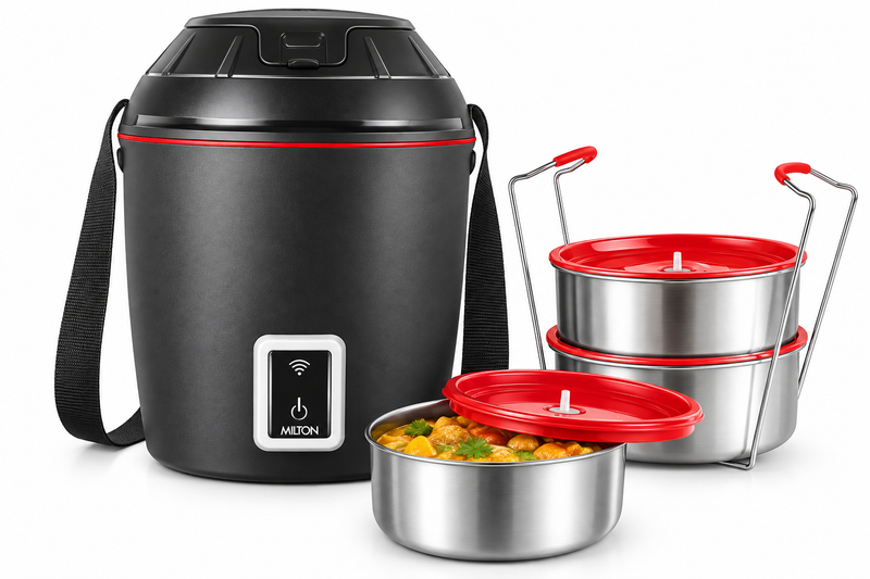 Milton Smart Tiffin 900ml Wi-Fi Enabled Electric Lunch Box with 3 Stainless Steel Containers, Smart App Control, Voice Assistant Compatibility, 30-Minute Food Heating