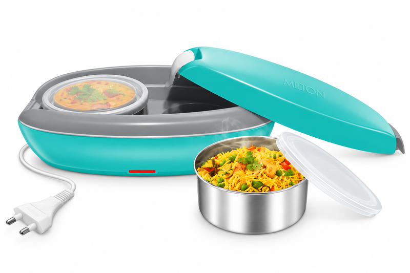Milton Swiftron Electric Lunch Box 2 Stainless Steel Containers, Portable Food Warmer, 15-Minute Food Heating, Shock Proof, Turquoise