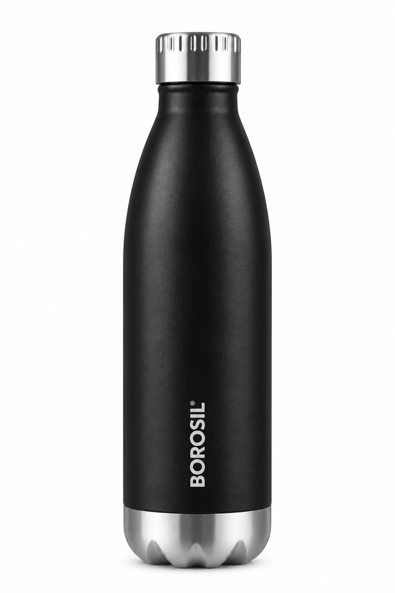 Borosil New Bolt Vacuum Insulated Stainless Steel Bottle – Black & Blue, 500 ML & 1 L