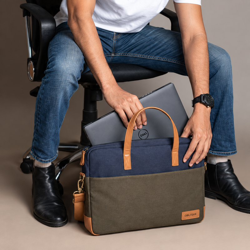 OLIVER 15 Inch Laptop Messenger Bag – Canvas Laptop Bag with Premium Faux Leather Handles, Shoulder Strap & Zipper Pockets