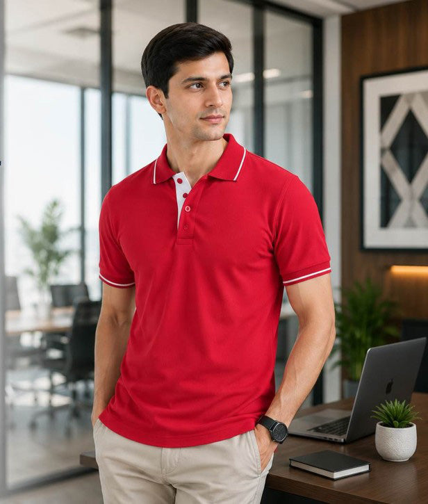 Premium Red Polo T-Shirt with White Tipping | Cotton Polo Collar T-Shirt | Corporate & Casual Wear