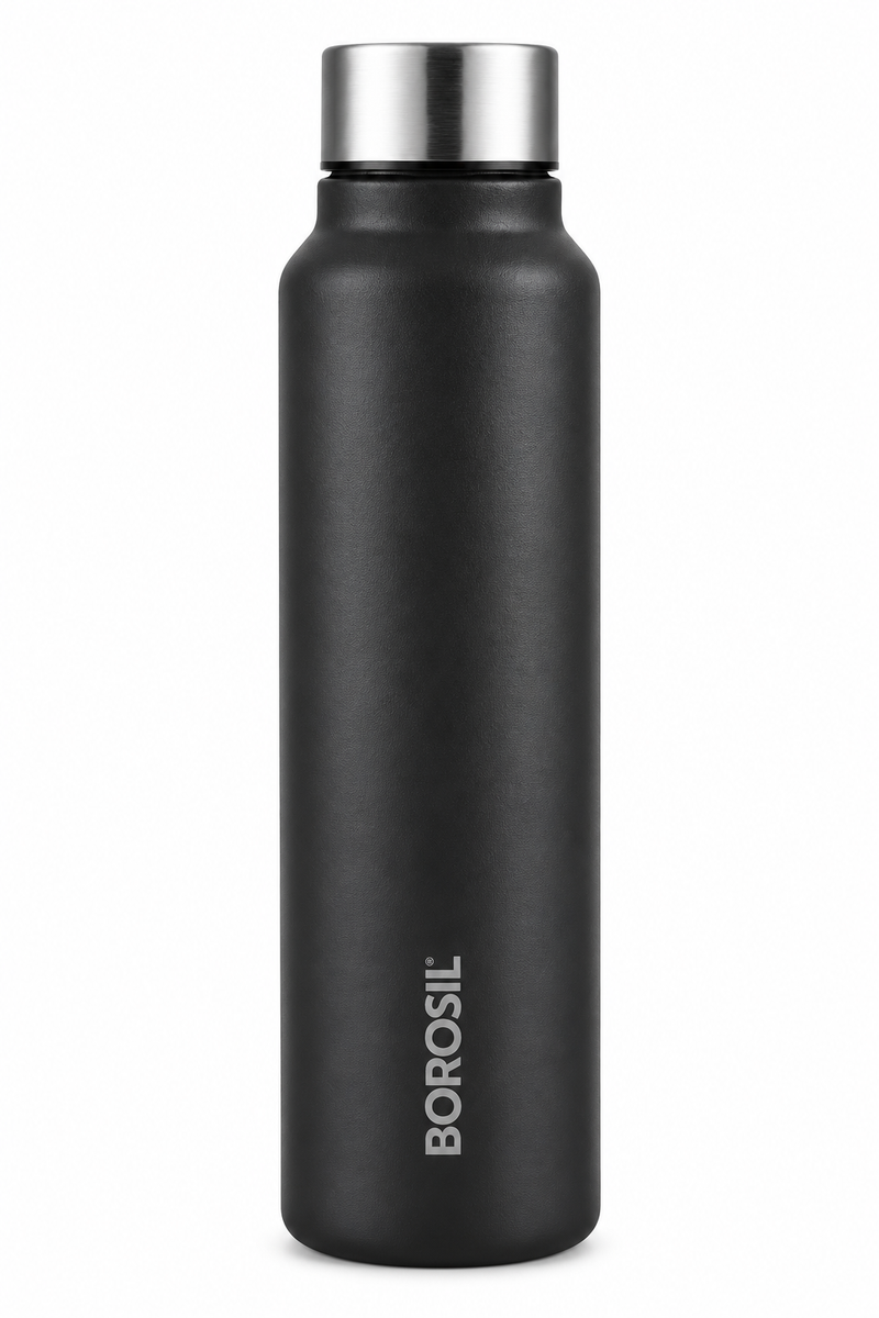Borosil Sip-N-Chill Single Wall Stainless Steel Water Bottle – Black, 1 L