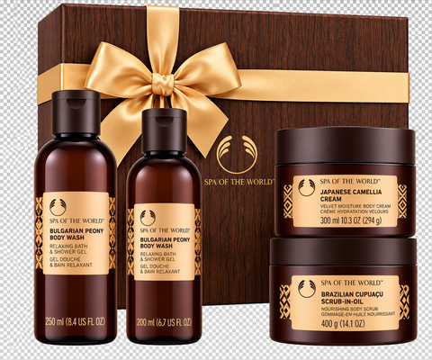 The Body Shop Spa of the World Gift Set – Bulgarian Peony Body Wash, Japanese Camellia Body Cream 300ml & Brazilian Cupuaçu Scrub-in-Oil 400g