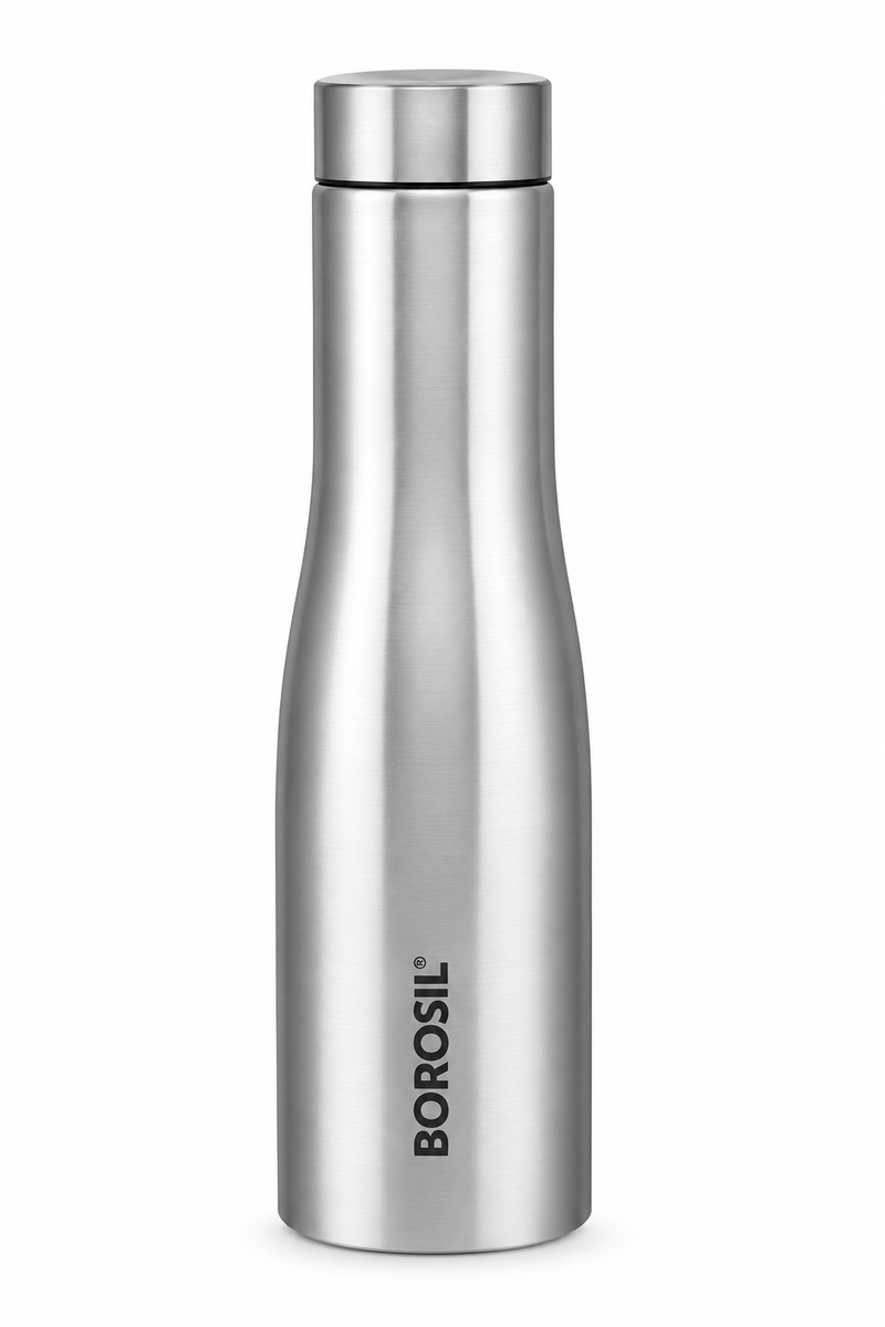 Borosil Swan Single Wall Stainless Steel Water Bottle – Steel & Black, 1 L