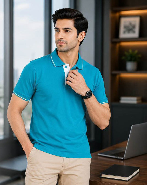 Premium Turquoise Polo T-Shirt with White Tipping | Cotton Polo Collar T-Shirt | Corporate & Casual Wear