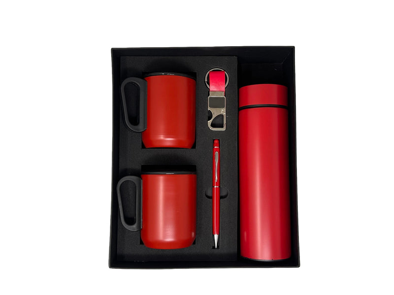 Red Stainless Steel Thermos Flask Gift Set with Mugs, Pen & Keychain | Corporate Gift Box