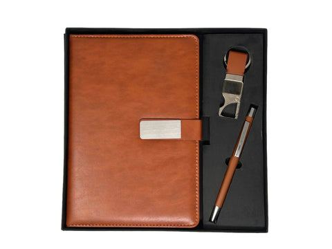 Tan Brown Leather Diary Gift Set with Pen & Keychain | Corporate Gift Box