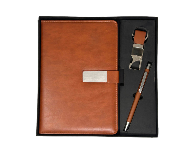 Tan Brown Leather Diary Gift Set with Pen & Keychain | Corporate Gift Box